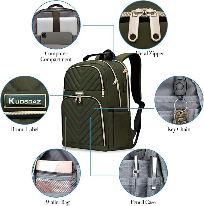 Travel Laptop Backpack, School Backpack for Teen Girls Boys,15.6 Inch Large Quilted College Bookbag for Women Men with USB Charging Port, Army Green