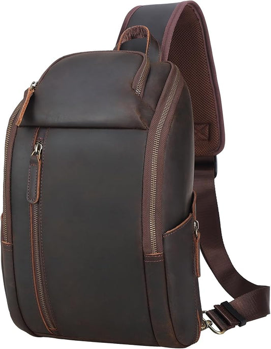 TIDING Genuine Leather Sling Bag Chest Pack for Men Casual Travel Shoulder Bag Sling Backpack fits 9.7" Tablet