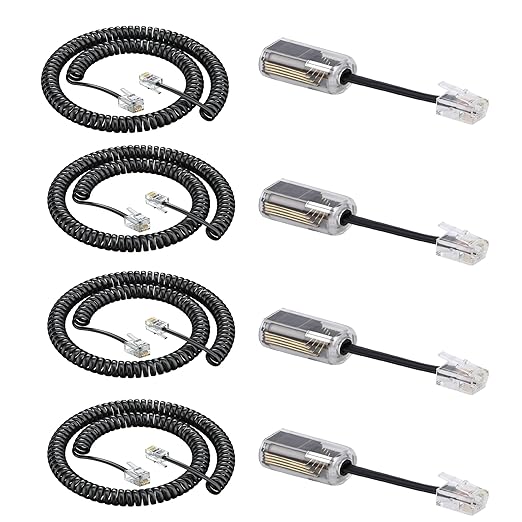 RJ9 4P4C Telephone Cord,Telephone Cord Detangler, 4Pack 8Ft Uncoiled / 1.4Ft Coiled Telephone Handset Cord with 4 Pack 360 Degree Rotating Landline Cable Detangler Swivel Cord Untangler