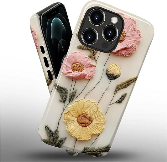 Case for iPhone 12 12 Pro Case,Faux Embroidery Boho Floral Design - Hybrid Dual Protection Silicone + Hard PC Shockproof Full Body Cover Slim Anti-Scratch Protective Case for Men Women