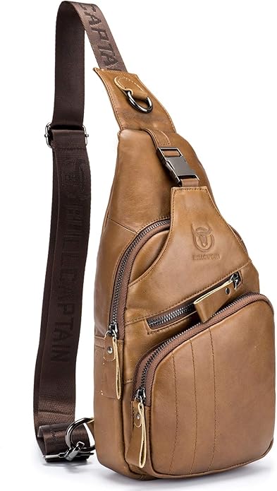 BULLCAPTAIN Leather Men Sling Bag Casual Crossbody Chest Bags Travel Daypack