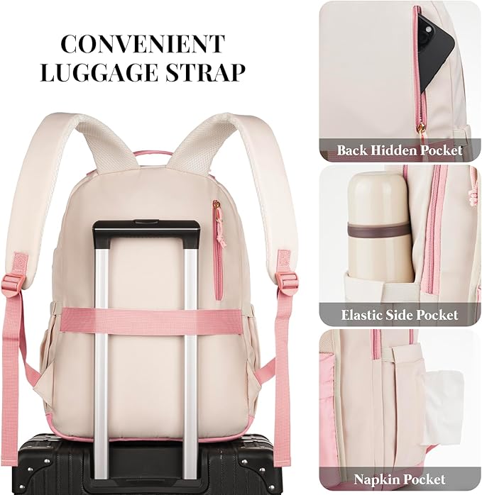 School Backpack for Teens Girls, Aesthetic College Backpack Large Bookbag for Women Students Fashion 15.6 Inch Laptop Bag for Work Travel (Pink Beige)