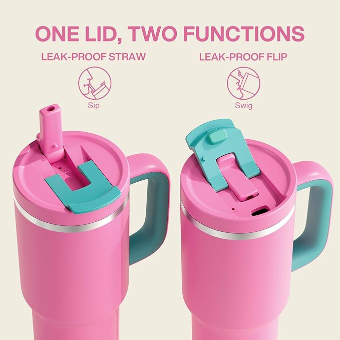 40 oz Tumbler with Handle and Straw: Stainless Steel Insulated Tumbler Keeps Cold for 24 Hours, Leakproof Travel Cup Fits in Cup Holder and BPA-Free, Light Crimson