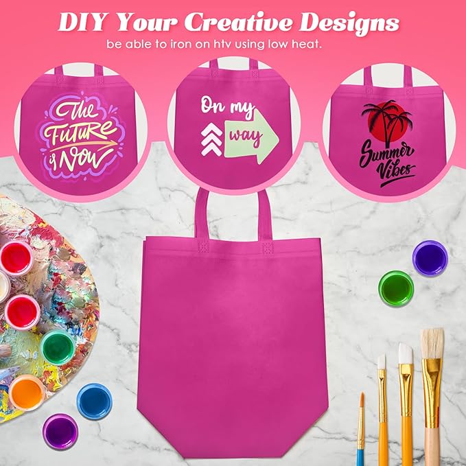 Reginary Reusable Totes Bags - 100 Pcs Non Woven Grocery Handle Bags for Shop Events & Retail Store (Rose Pink)