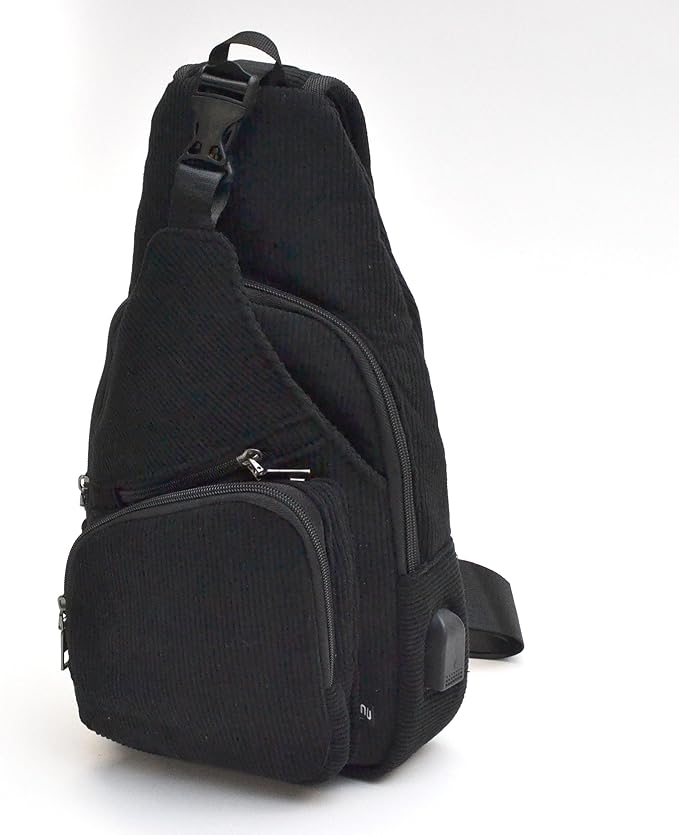 Anti-Theft Daypack Crossbody Sling Backpack, USB Charging, Lightweight Day Pack for Travel, Hiking, Everyday, Large, Black Corduroy