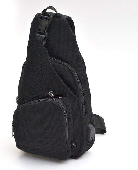 Anti-Theft Daypack Crossbody Sling Backpack, USB Charging, Lightweight Day Pack for Travel, Hiking, Everyday, Large, Black Corduroy