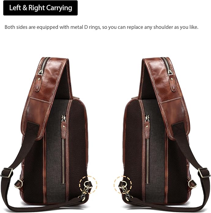 LANNSYNE Full Grain Leather Sling Bag For Men Crossbody Chest Daypack fits 10.5" iPad