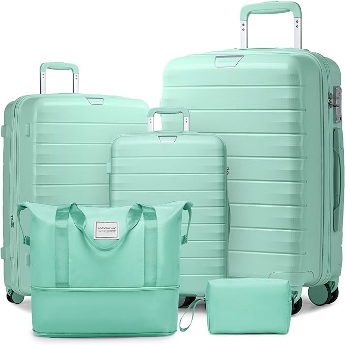 LARVENDER Luggage Sets 5 Piece with Duffel Bag Expandable(Only 28 inch) Hardside PP Carry On Luggage with 360° Spinner Wheels TSA Lock Luggage Sets for Women, Seafoam Green