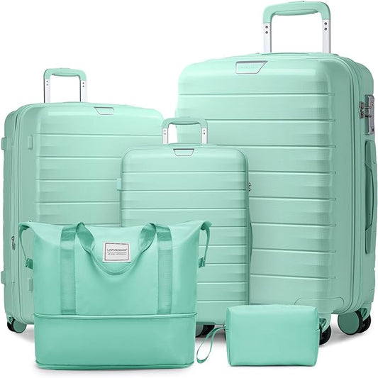 LARVENDER Luggage Sets 5 Piece with Duffel Bag Expandable(Only 28 inch) Hardside PP Carry On Luggage with 360° Spinner Wheels TSA Lock Luggage Sets for Women, Seafoam Green