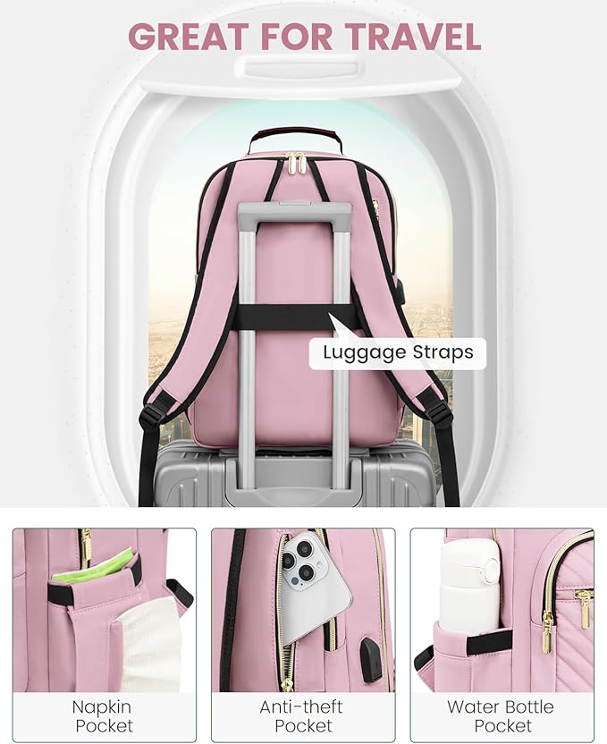 LOVEVOOK Laptop Backpack for Women, Travel Computer Work Bags with 17-inch Laptop Compartment, College School Student Bag Teen Backpacks For Girls, Outdoor Carry On Backpack Purse, Light Pink