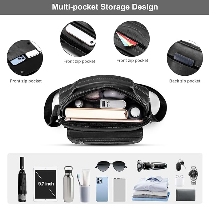 Men's Leather Crossbody Shoulder Bag - Messenger Satchel Travel Handbag