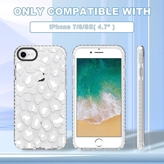 ZIYE Clear Case for iPhone 7/8/SE Phone Case White Leopard Design Shockproof Soft TPU Bumper Protective for Women Girls Girly Cute Cover