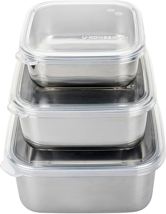 U Konserve Stainless Steel Nested Trio Food Storage Container Bento Box, Set of 3 (15, 30, & 50 oz), Leak Resistant, Silicone Lid, Dishwasher Safe, Plastic Free