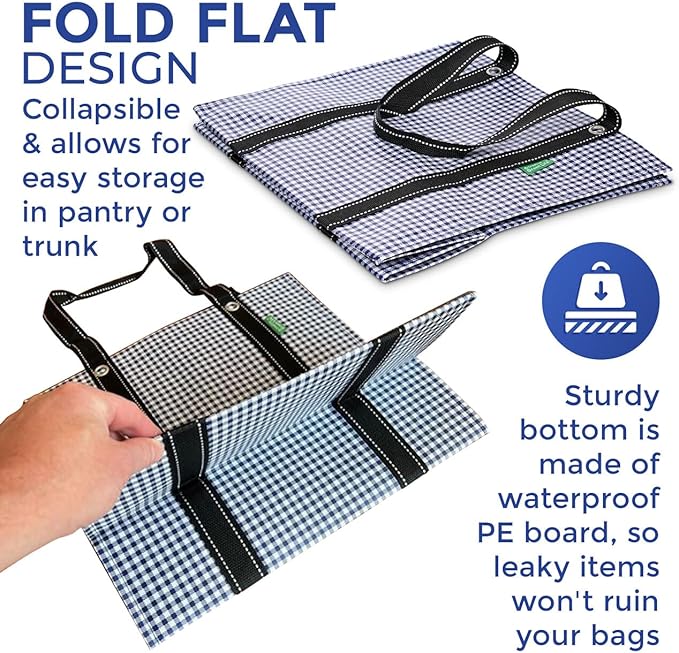 Creative Green Life 3 Pack Heavy Duty Reusable Grocery Bags with Hard Bottom & Strong Handles – Foldable, Durable, Easy to clean, Water-Resistant & Multi-Purpose (Blue Checkered)