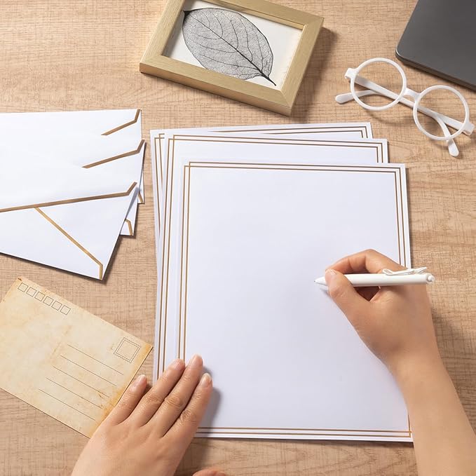 50 Pack Stationery Set with Gold Border, #10 Business Envelopes and 8.5x11 Paper Sheets and Stickers for Writing Letters (White, 8.5x11 Inches)