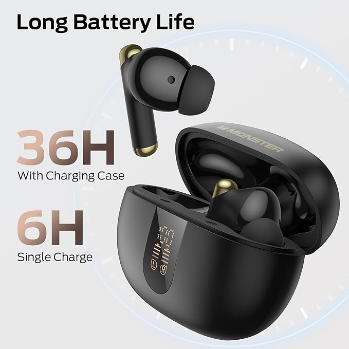 Monster N-Lite 211 Wireless Earbuds， Bluetooth 6.0 Stereo Headphones with Noise-Cancelling Mic and LED Display, Built-in Mic for Clear Calls, Waterproof Design for Sports