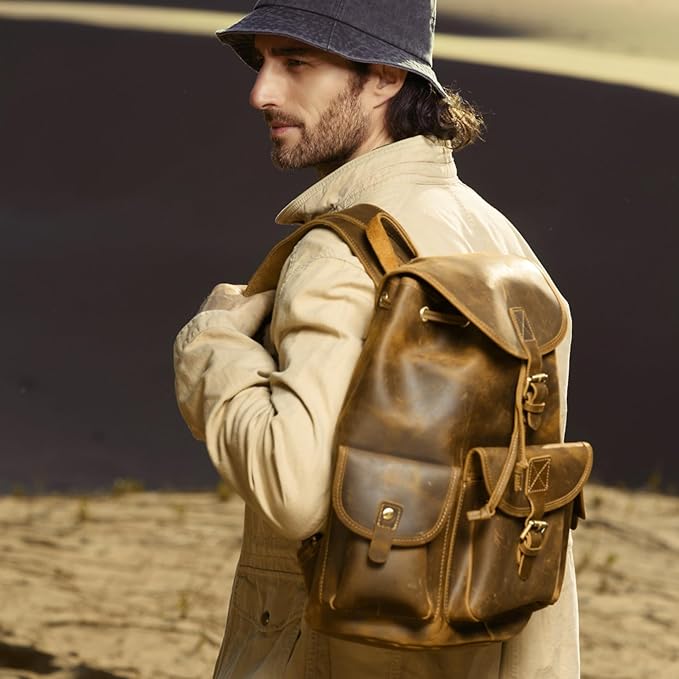 Backpack for Men Women Vintage Crazy Horse Full Leather Travel Daypack 15.6" Laptop Rucksack