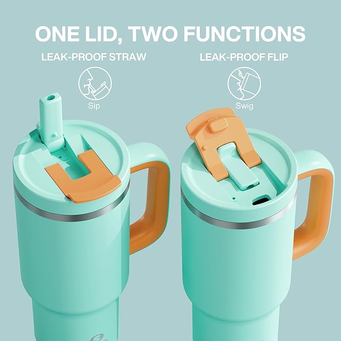 32 oz Tumbler with Handle and Straw: Stainless Steel Insulated Tumbler Keeps Cold for 24 Hours, Leakproof Travel Cup Fits in Cup Holder and BPA-Free, Soft Cyan