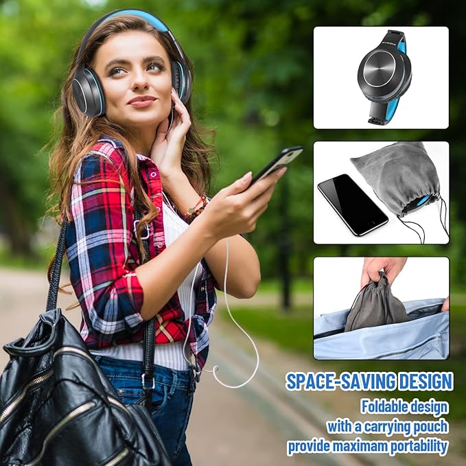 Bluetooth Headphones Over Ear, 68H Playtime 3 EQ Music Modes Wireless Headphones with Microphone/Deep Bass, Foldable Lightweight Headset for PC Home Travel Office(Black Blue)