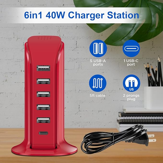 USB Phone Charger 6 Ports 40W Upoy, Type C Wall Charger Smart 6A, Charging Tower with 5ft Power Cord, USB Power Adapter Fast Charging, Smart Home Device Charging Station, iPhone/Ipad Accessories