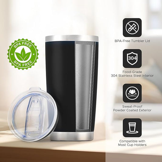 OMTech 20oz Tumblers Bulk, 6pc Stainless Steel Tumbler Set with Lid & Straw, Double Wall Vacuum Insulated Mug for Laser Engraver, Travel Coffee Mug for Hot & Cold Drinks, Black Powder Coated Cup