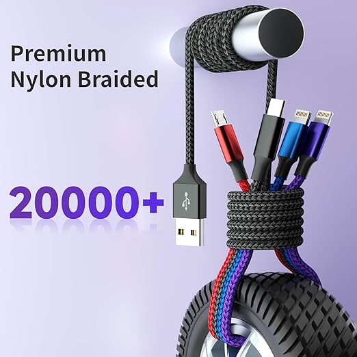 Dual IP 4 in 1 Multi Charging Cable [1Pack 5FT], Nylon 4 in 1 Charging Cable, Multi Chargers for All Devices with IP/IP/Type C/Micro Port, Compatible with Most Cell Phones/Tablets and More