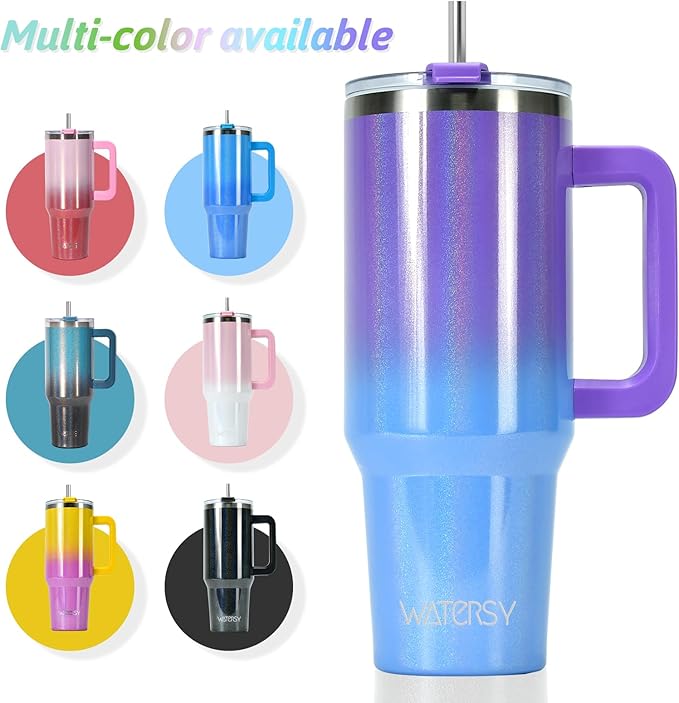 40 oz Shiny Tumbler with Handle and Straw,Stainless Steel Tumbler with Lid and Straw,Insulated Travel Mug(Cold for 34 Hours),Water Bottle for Iced Tea,Coffee (Purple)