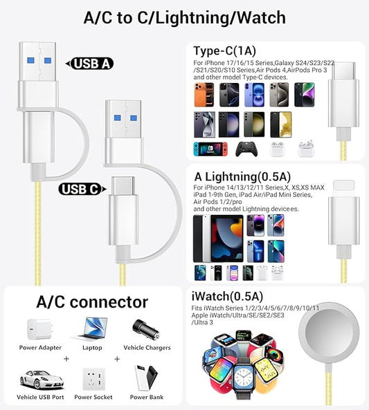 Temdan for Travel Vacation Essentials,3 in 2 USB C Cable for Apple Watch Charger/iPhone 17 Charger/Lightning,Multi Charging Cable Cord,Camping Essentials,Designed for iWatch &iPhone 16-12-4FT Yellow
