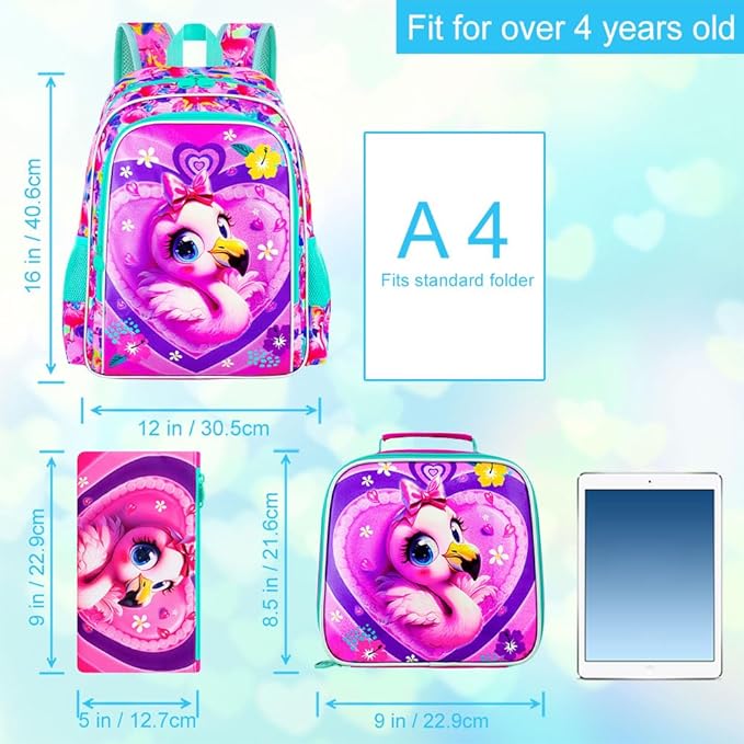 16" Girls Backpack, 3Pcs Flamingo School Bookbag with Lunch Box, Kids Backpacks for Elementary Preschool Kindergarten(Pink)