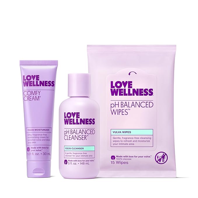 Love Wellness Skincare for Down There Bundle | Gentle pH Balancing Cleanser, Moisturizing Comfy Cream & Refreshing Wipes | Feminine Care for pH Balance, Dry & Sensitive Vulva | Fragrance-Free