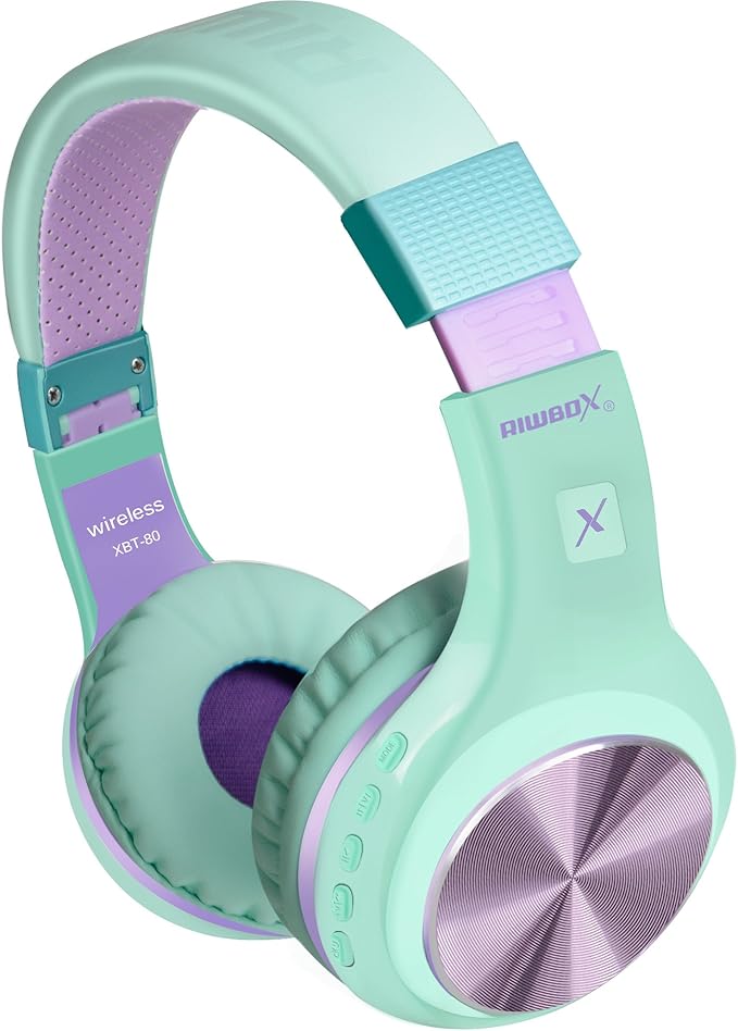 Riwbox Bluetooth Headphones, XBT-80 Folding Stereo Wireless Bluetooth Headphones Over Ear with Microphone and Volume Control, Wireless and Wired Headset for PC/Cell Phones/TV/Gym (Purple Green)