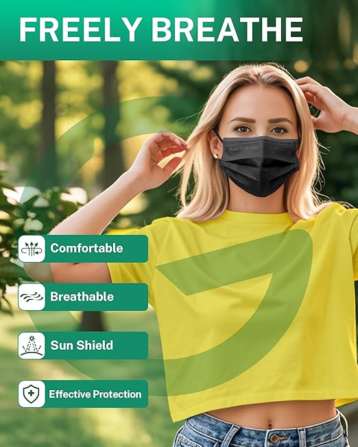 Disposable Face Masks Made in USA, 4 Ply for Families, Students, Breathable All-Day Wear & Safety, ASTM Level 3 Medical Grade, 50 Pack Individual Wrap, Black
