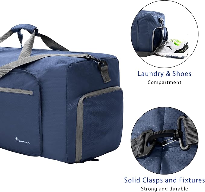 Dimayar Travel Duffle Bag for Men Women - Foldable Duffel Bag with Shoes Compartment - Overnight Bags Waterproof & Tear Resistant(85L,Dark Blue)