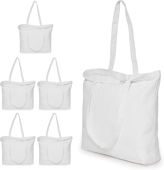 Koolmox Canvas Totes with Zipper, 12oz Thick Cotton Canvas Zipper Bags with Bottom & over Shoulder Handles, Plain Canvas Bags to Decorate for Gift Bag, Women Tote Bag, White, Pack of 6, 17x13x3.9''