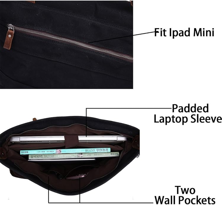 Laptop Messenger Bag 15.6" for Men Waxed Canvas Vintage Leather Business Briefcase Shoulder Bags Waterproof
