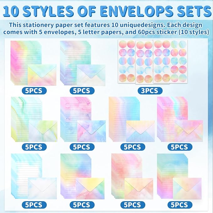 160 Pcs Stationery Paper Set Including 50 Matching Envelopes 50 One Side Stationery Writing Papers 60 Round Dot Sticker for School Office Supplies,10 Designs, 5.5 x 8.25 Inch(Watercolor)