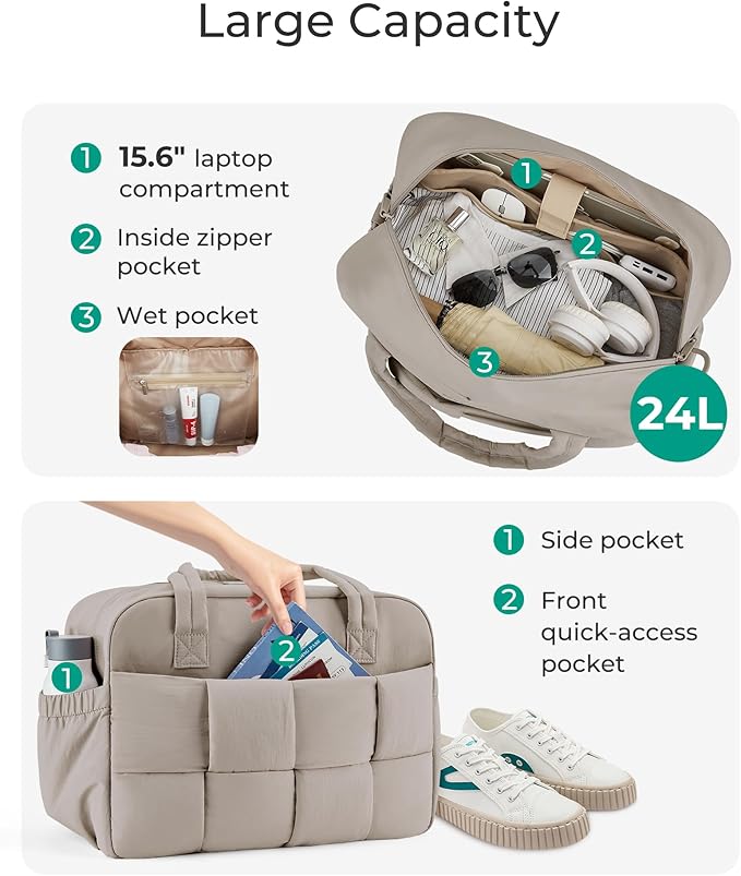 BAGSMART Gym Bag for Women, 24L Puffer Travel Duffle Bag for Travel with Laptop Compartment, Weekender Bags for Women, Carry On Duffel Bag Personal Item Bag, Camel
