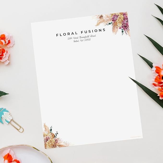Tropical Boho Floral Letterhead / 40 Decorative Printer Sheets / 8.5" x 11" All Occasion Bridal Shower Celebration Paper/Beautiful Dried Flower Stationery