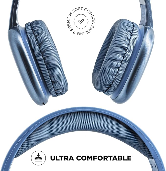 iJoy Ultra Wireless Headphones with Microphone- Rechargeable Over Ear Wireless Bluetooth Headphones with 10Hr Playtime, SD Slot, Backup Wire- Soft Cushion Wireless Headset with Mic (Blue)