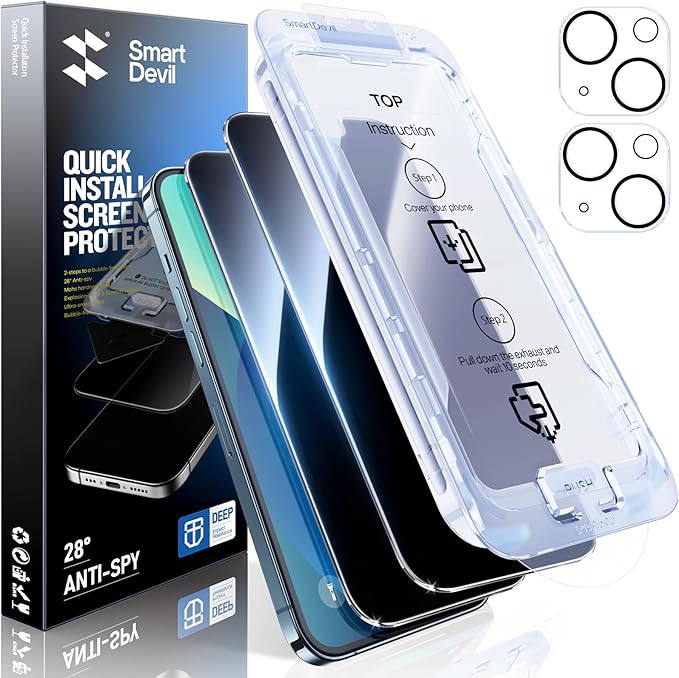 SMARTDEVIL 2+2Pack Privacy Screen Protector for iPhone 13 with Camera Lens Protector,Shatterproof Tempered Glass [True 28°Anti Spy] [9H Hardness] [Automatic Dust-Elimination Install] [Bubble Free]