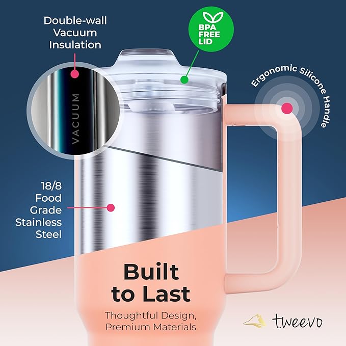 40 oz Tumbler With Handle and Straw Made of Stainless Steel - Double Wall Vacuum Insulated Tumbler With Lid - Sweat Proof Easy Grip, BPA-Free, Dishwasher Safe Tumbler (Peach)