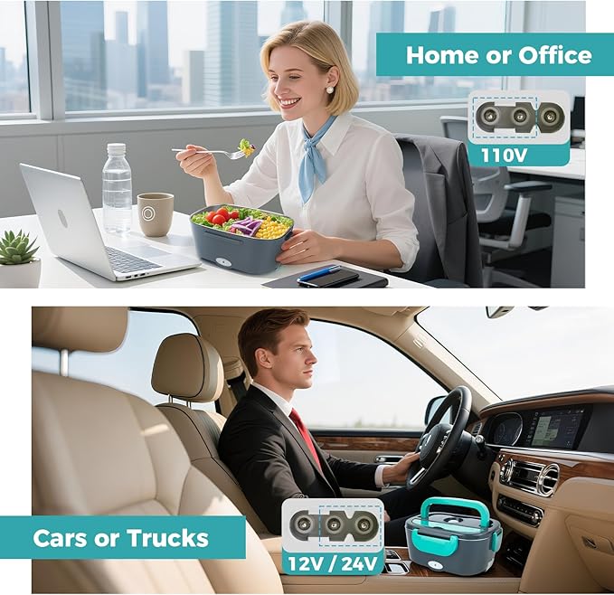 80W Electric Lunch Box for Car & Truck,12V/24V/110V Green Portable Warmer with 304 Stainless Steel Container,Ideal for Drivers & Office(Gray + Blue)