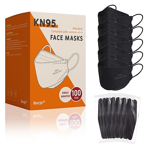 Borje KN95 Face Masks, Black Masks Disposable 100 pack, Individually Wrapped Respirator Mask Filter Efficiency 95% for Adult