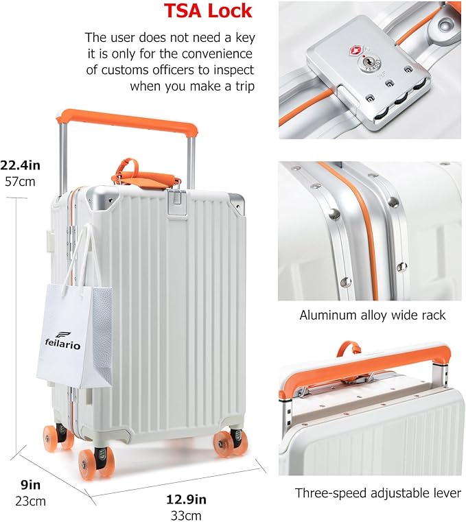 feilario 20" Aluminum Frame Wide Handle Hard Shell Carry On Suitcase - Vivid Colors Double Spinner Wheels Airline Approved Rolling Luggage with TSA Lock & Cup Holder (White, 20in)