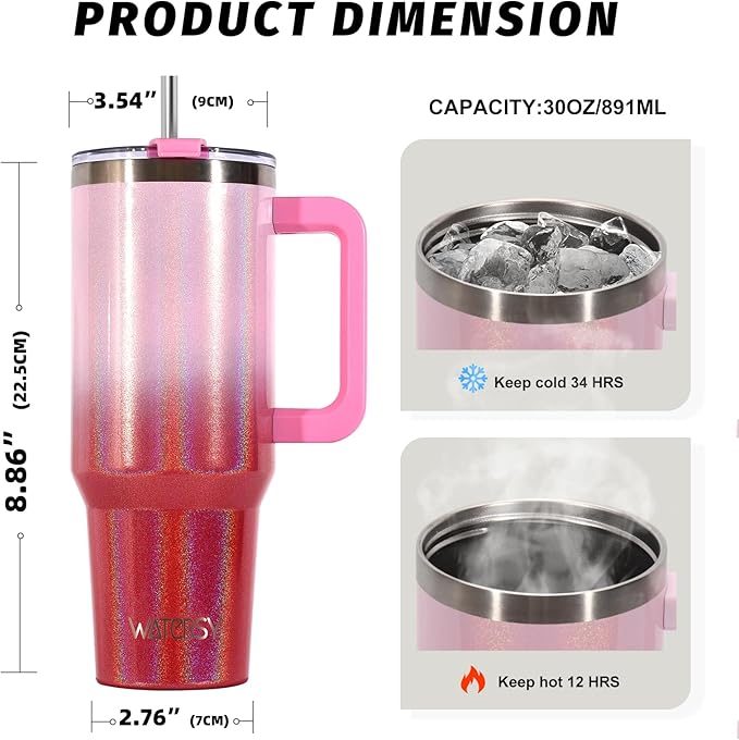 30 oz Shiny Tumbler with Handle and Straw,Stainless Steel Tumbler with Lid and Straw,Insulated Travel Mug(Cold for 34 Hours),Water Bottle for Iced Tea,Coffee (Red)