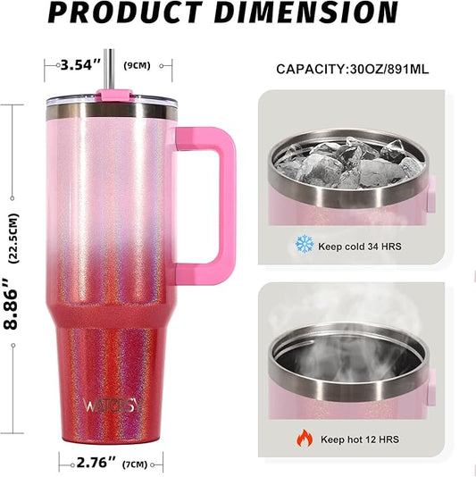 30 oz Shiny Tumbler with Handle and Straw,Stainless Steel Tumbler with Lid and Straw,Insulated Travel Mug(Cold for 34 Hours),Water Bottle for Iced Tea,Coffee (Red)