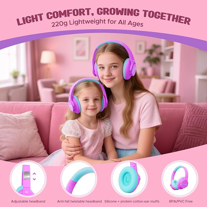 Nova1Lite Kids Wireless Active Noise Cancelling Headphones, Bluetooth 5.3, Safe Volume 74/85/94dB, Real 40H Battery, Type-C Fast Charging, Built-in Mic for School Travel Airplane, Purple