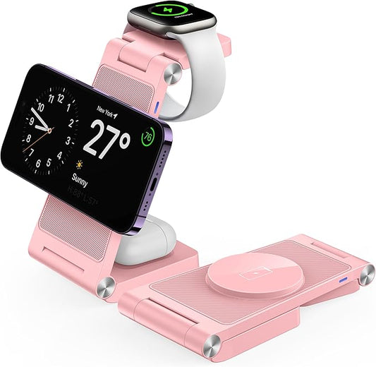 Magnetic Wireless Charger Stand, 3 in 1 Foldable Wireless Charging Station, Travel Charger for Multiple Devices for iPhone 16 15 14 13 12 Series, Apple Watch Ultra/SE/9/8/7/6/5/4/3/2, AirPods