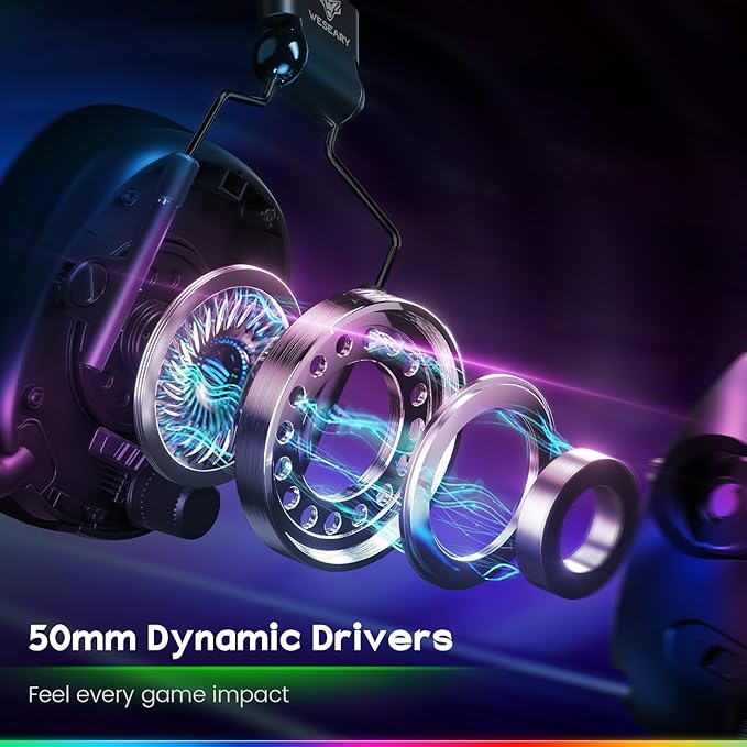 WG2 Wireless Gaming Headsets with Microphone for PS5, PS4, PC, Switch, Mac, Crystal Stereo Bluetooth Headphones, Wireless Headset 2.4GHz with Lossless Audio, 50 Hr Battery, Cool LED