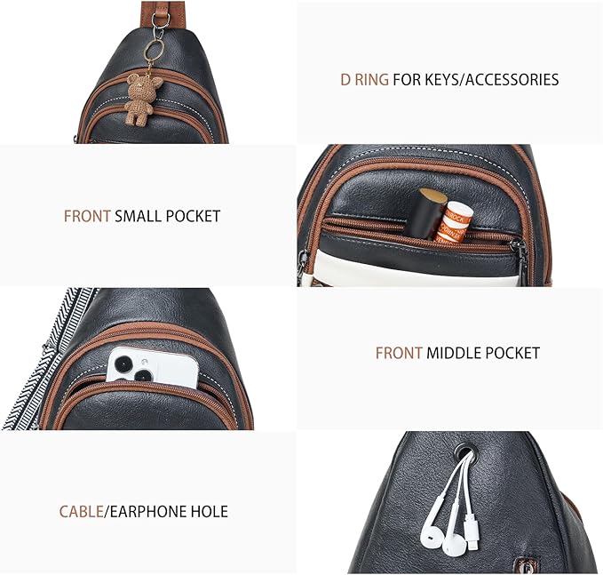 Sling Bag for Women Crossbody Bag Fanny Pack Cross Body Sling Purse Vegan Leather Trendy Travel Purse Black/White/Brown